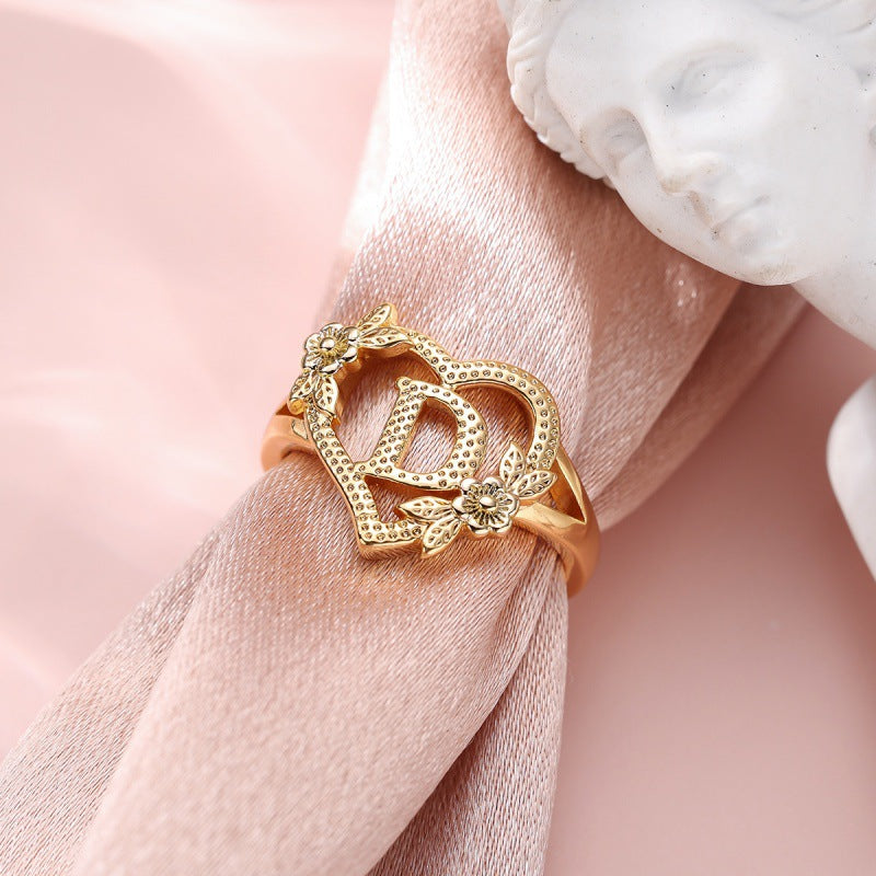 Fresh Sweet Creative Style  Rose Dual-Tone 26-Letter Open Ring