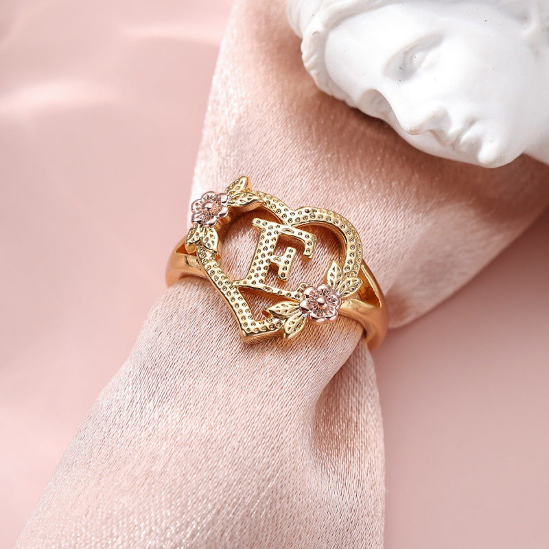 Fresh Sweet Creative Style  Rose Dual-Tone 26-Letter Open Ring
