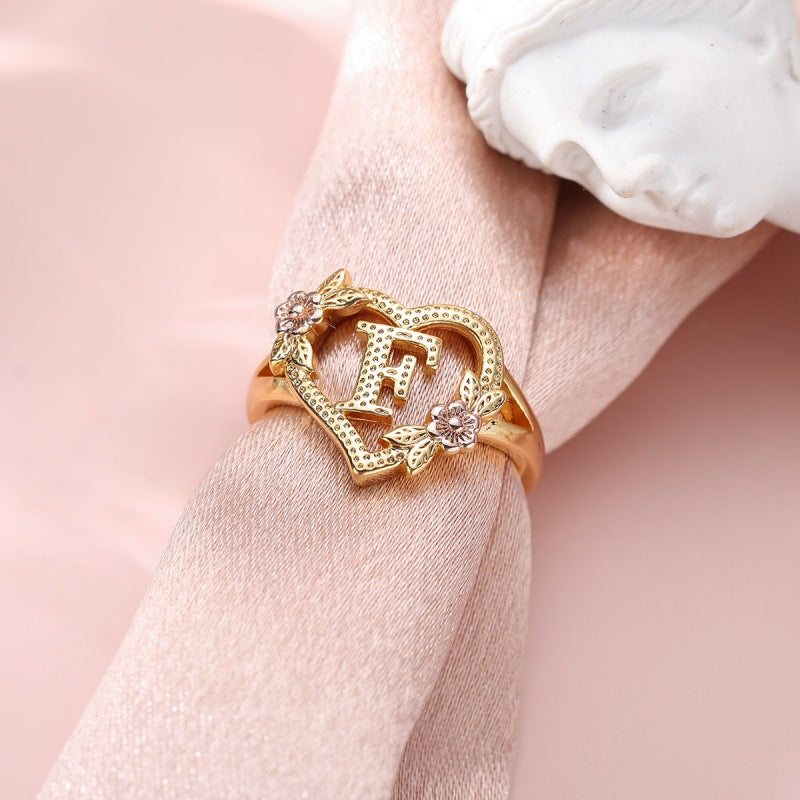 Fresh Sweet Creative Style  Rose Dual-Tone 26-Letter Open Ring