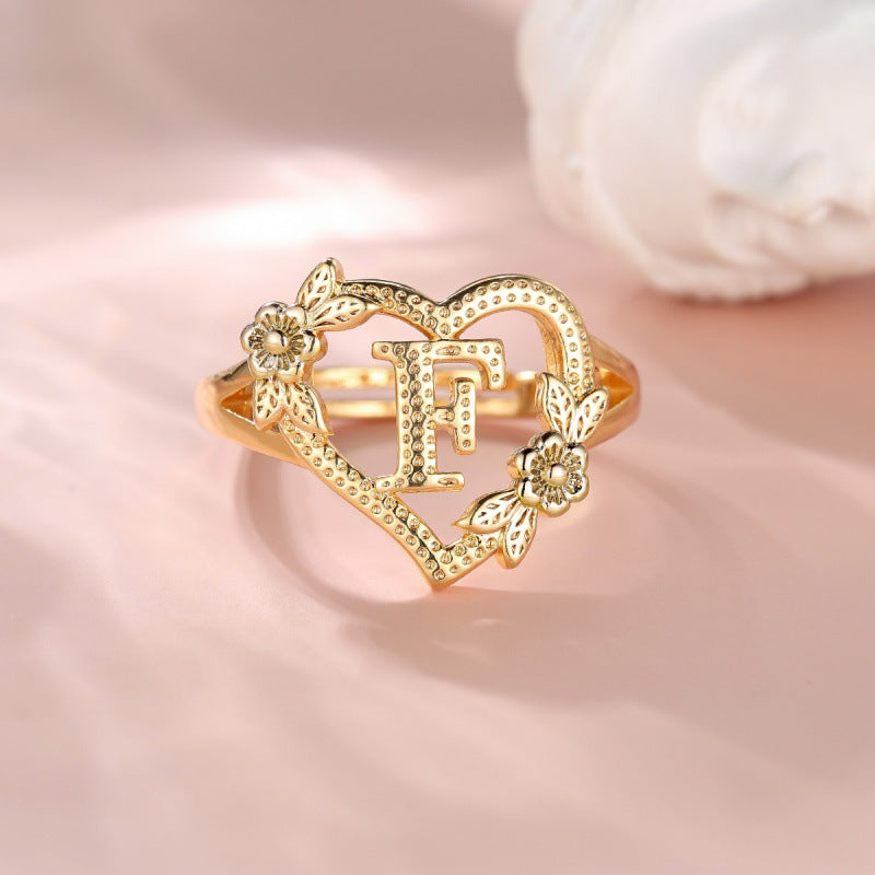 Fresh Sweet Creative Style  Rose Dual-Tone 26-Letter Open Ring