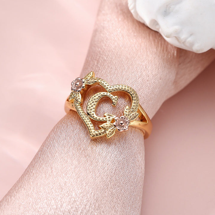 Fresh Sweet Creative Style  Rose Dual-Tone 26-Letter Open Ring