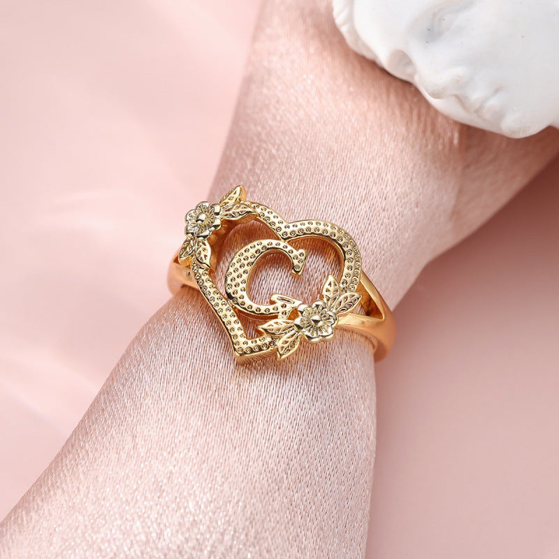 Fresh Sweet Creative Style  Rose Dual-Tone 26-Letter Open Ring
