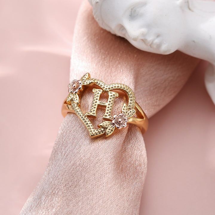 Fresh Sweet Creative Style  Rose Dual-Tone 26-Letter Open Ring