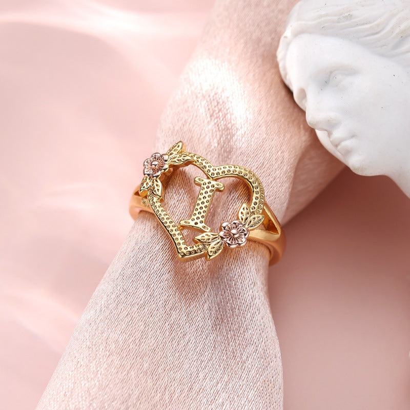 Fresh Sweet Creative Style  Rose Dual-Tone 26-Letter Open Ring