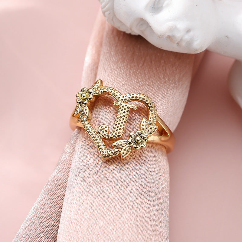 Fresh Sweet Creative Style  Rose Dual-Tone 26-Letter Open Ring