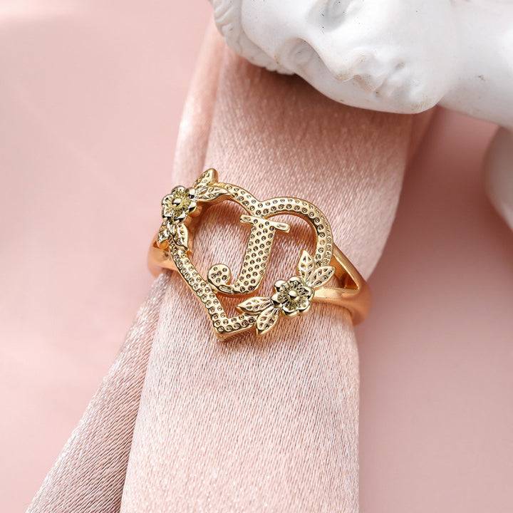 Fresh Sweet Creative Style  Rose Dual-Tone 26-Letter Open Ring