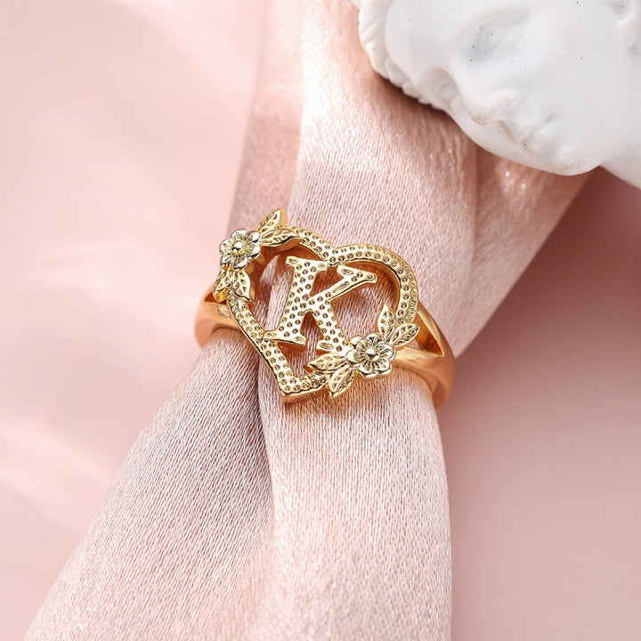 Fresh Sweet Creative Style  Rose Dual-Tone 26-Letter Open Ring