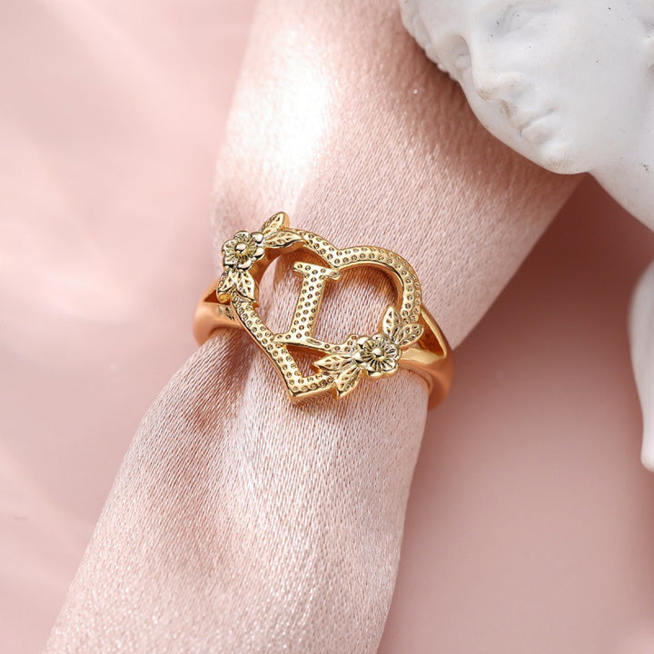 Fresh Sweet Creative Style  Rose Dual-Tone 26-Letter Open Ring
