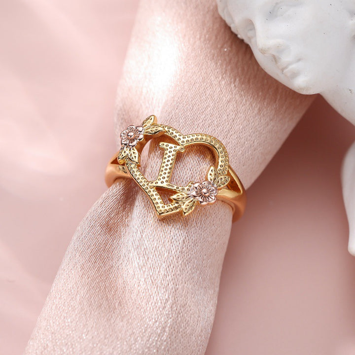 Fresh Sweet Creative Style  Rose Dual-Tone 26-Letter Open Ring