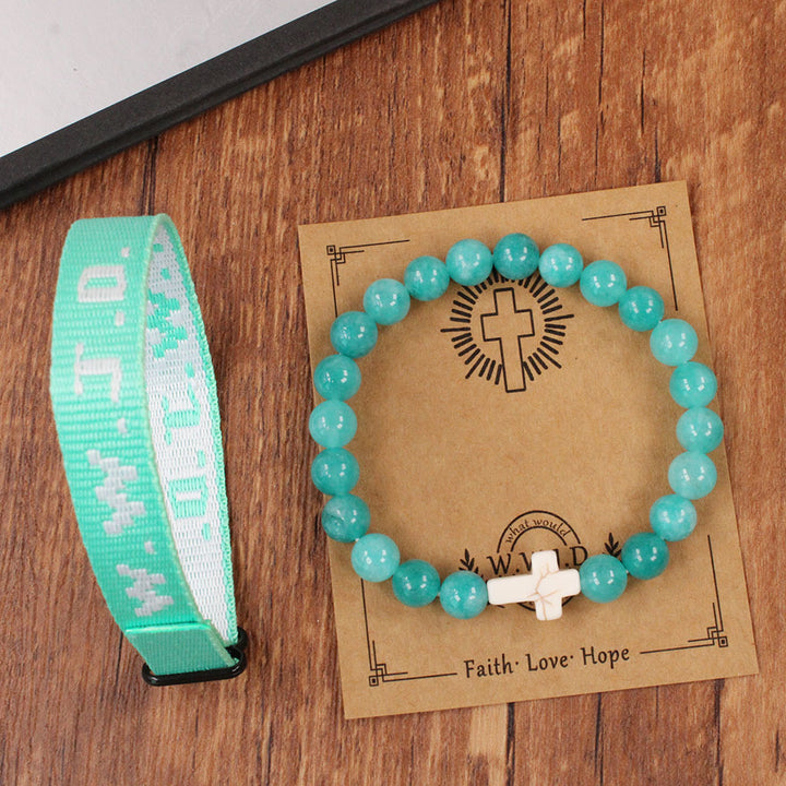WWJD Series Cross Beaded Webbing Bracelet Set