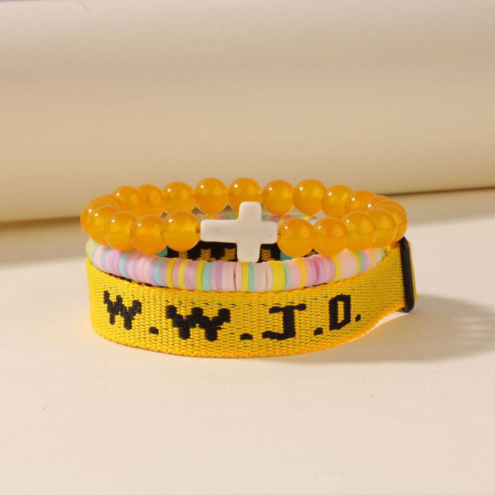 WWJD Series Cross Beaded Webbing Bracelet Set