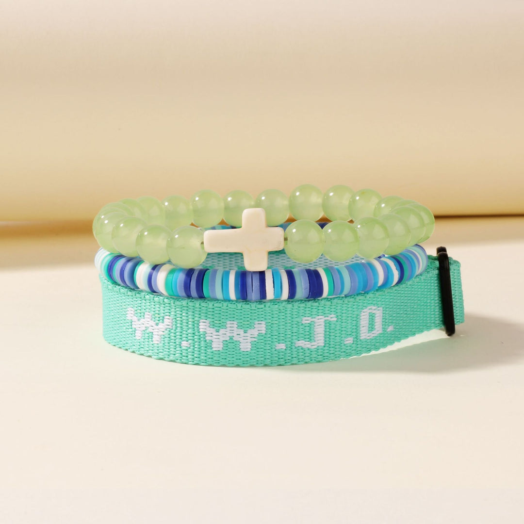 WWJD Series Cross Beaded Webbing Bracelet Set