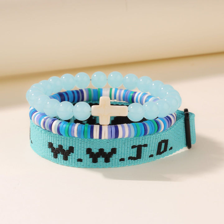 WWJD Series Cross Beaded Webbing Bracelet Set