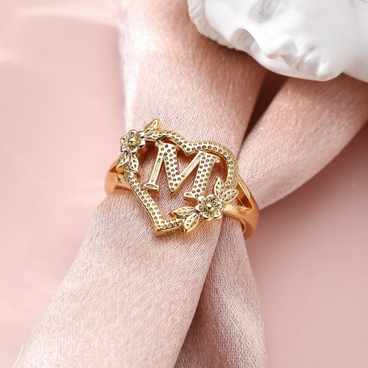 Fresh Sweet Creative Style  Rose Dual-Tone 26-Letter Open Ring