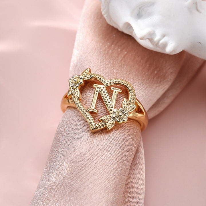 Fresh Sweet Creative Style  Rose Dual-Tone 26-Letter Open Ring
