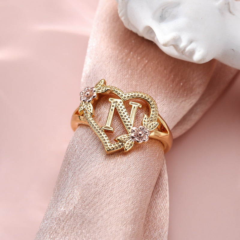 Fresh Sweet Creative Style  Rose Dual-Tone 26-Letter Open Ring