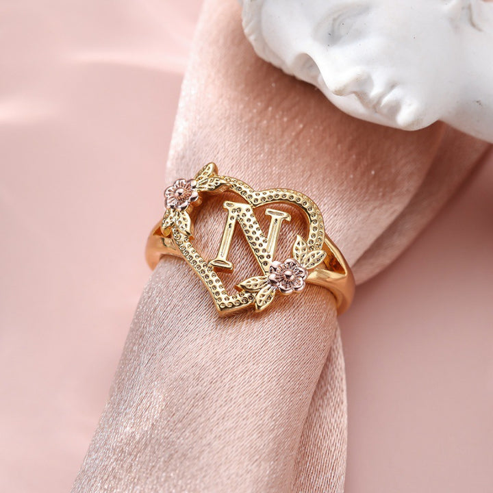 Fresh Sweet Creative Style  Rose Dual-Tone 26-Letter Open Ring