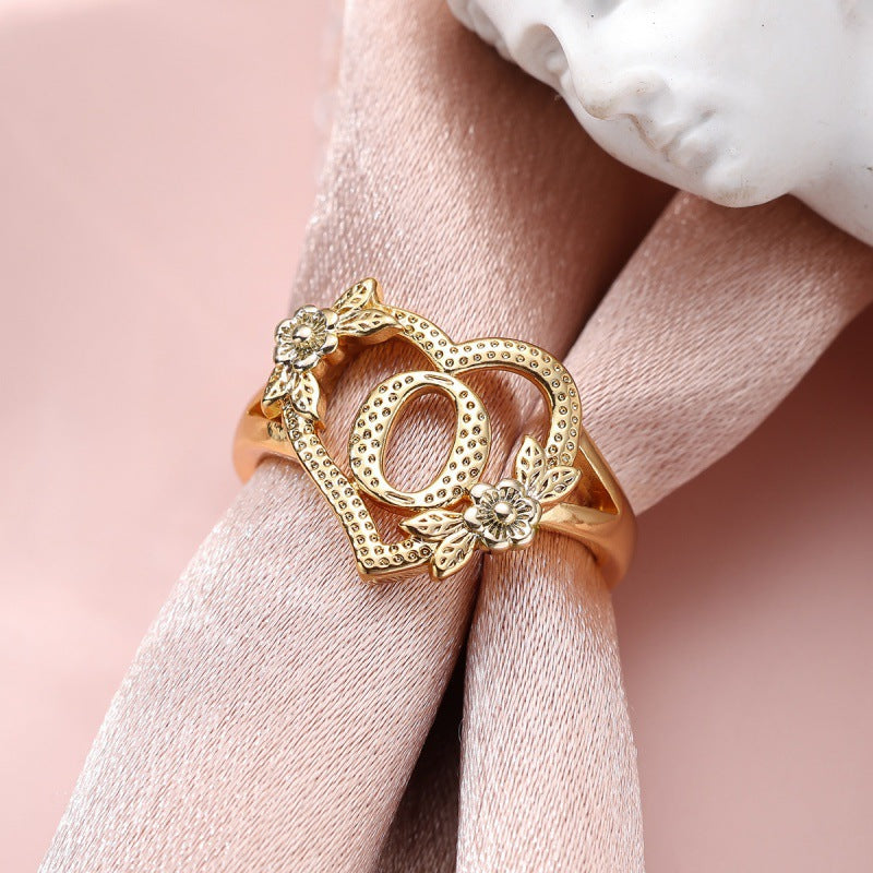 Fresh Sweet Creative Style  Rose Dual-Tone 26-Letter Open Ring