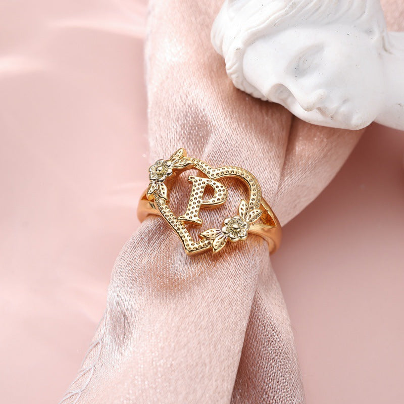Fresh Sweet Creative Style  Rose Dual-Tone 26-Letter Open Ring