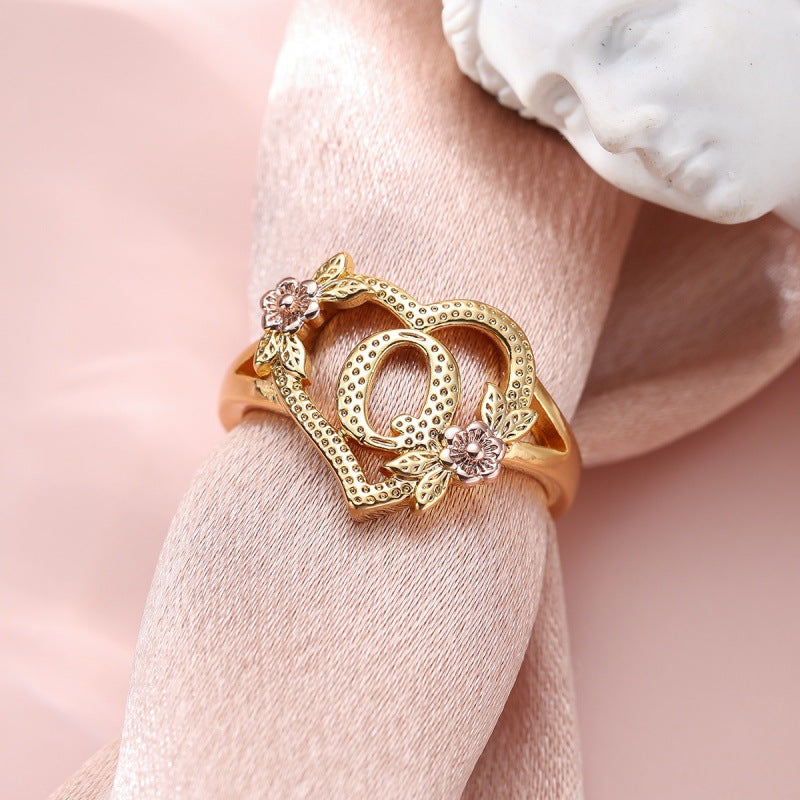 Fresh Sweet Creative Style  Rose Dual-Tone 26-Letter Open Ring