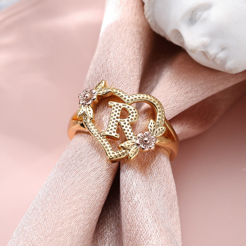 Fresh Sweet Creative Style  Rose Dual-Tone 26-Letter Open Ring
