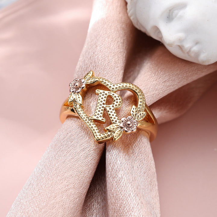 Fresh Sweet Creative Style  Rose Dual-Tone 26-Letter Open Ring