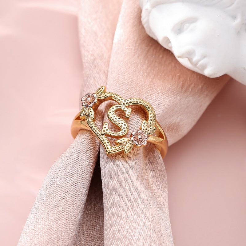 Fresh Sweet Creative Style  Rose Dual-Tone 26-Letter Open Ring