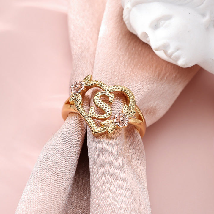 Fresh Sweet Creative Style  Rose Dual-Tone 26-Letter Open Ring