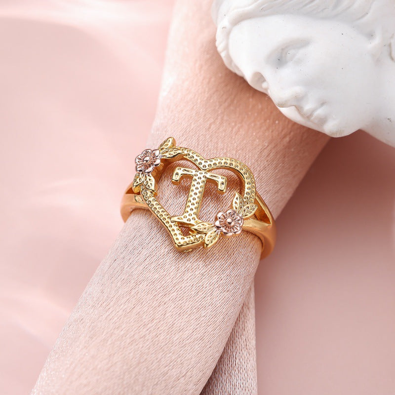 Fresh Sweet Creative Style  Rose Dual-Tone 26-Letter Open Ring