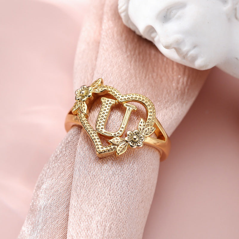 Fresh Sweet Creative Style  Rose Dual-Tone 26-Letter Open Ring