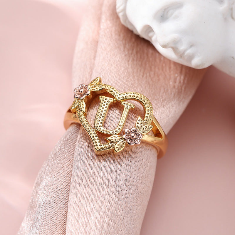 Fresh Sweet Creative Style  Rose Dual-Tone 26-Letter Open Ring
