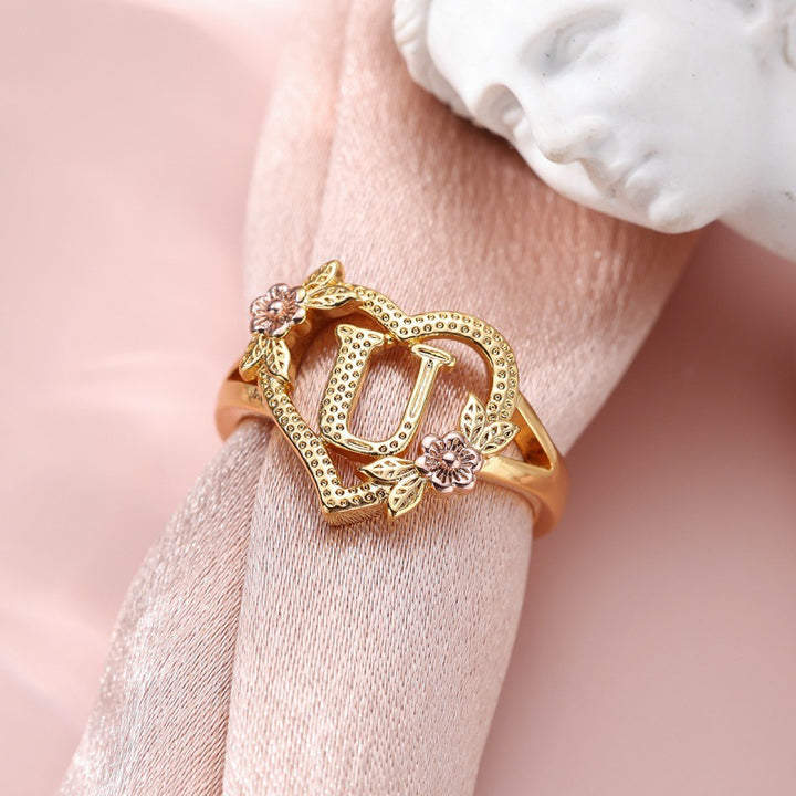 Fresh Sweet Creative Style  Rose Dual-Tone 26-Letter Open Ring