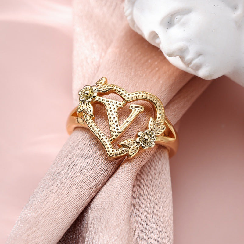 Fresh Sweet Creative Style  Rose Dual-Tone 26-Letter Open Ring