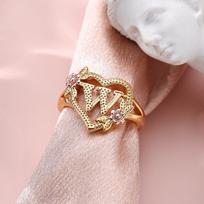 Fresh Sweet Creative Style  Rose Dual-Tone 26-Letter Open Ring