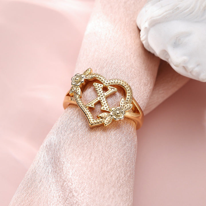Fresh Sweet Creative Style  Rose Dual-Tone 26-Letter Open Ring