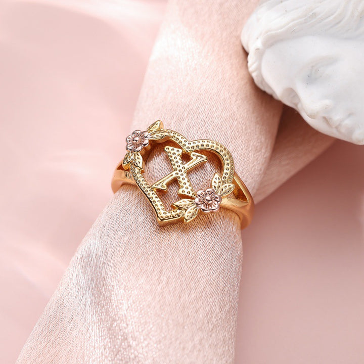 Fresh Sweet Creative Style  Rose Dual-Tone 26-Letter Open Ring