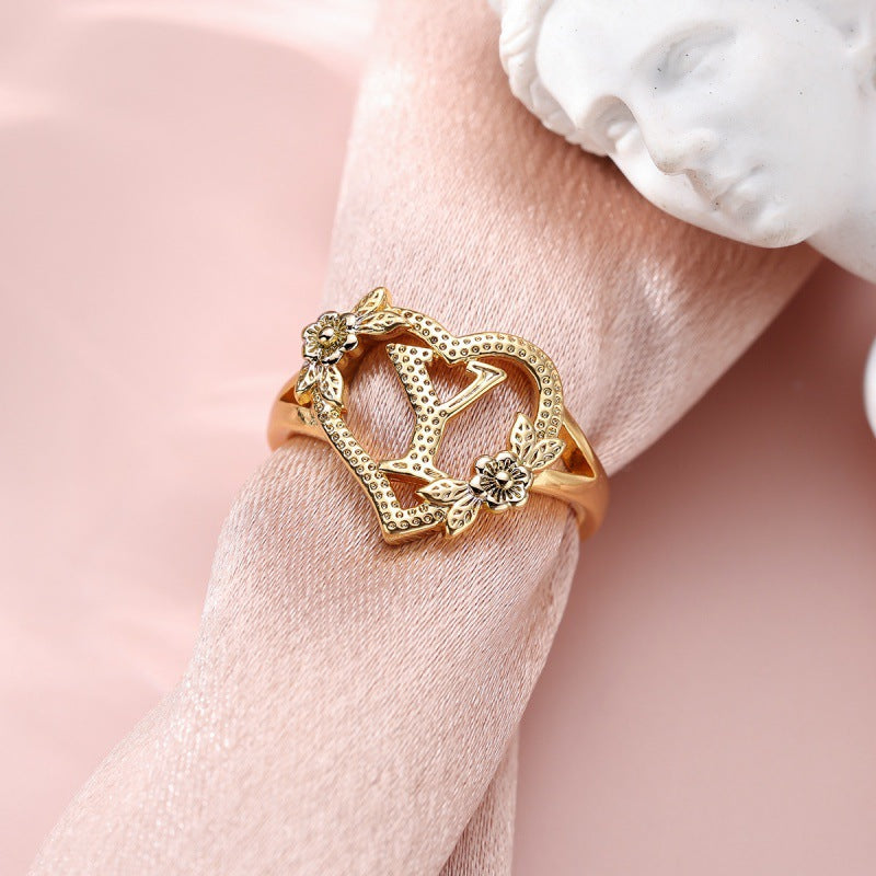 Fresh Sweet Creative Style  Rose Dual-Tone 26-Letter Open Ring