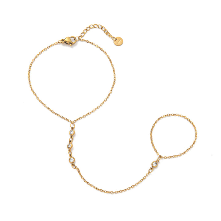 INS Style 18K Gold Plated Titanium Steel Bracelet with Rhinestone Discs & Finger Chain