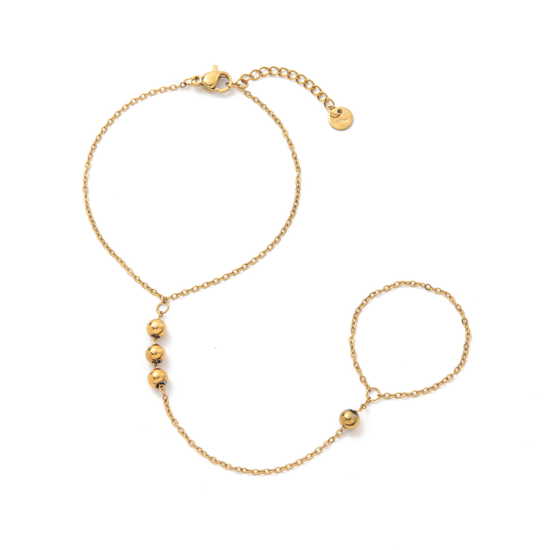 INS Style 18K Gold Plated Titanium Steel Bracelet with Rhinestone Discs & Finger Chain