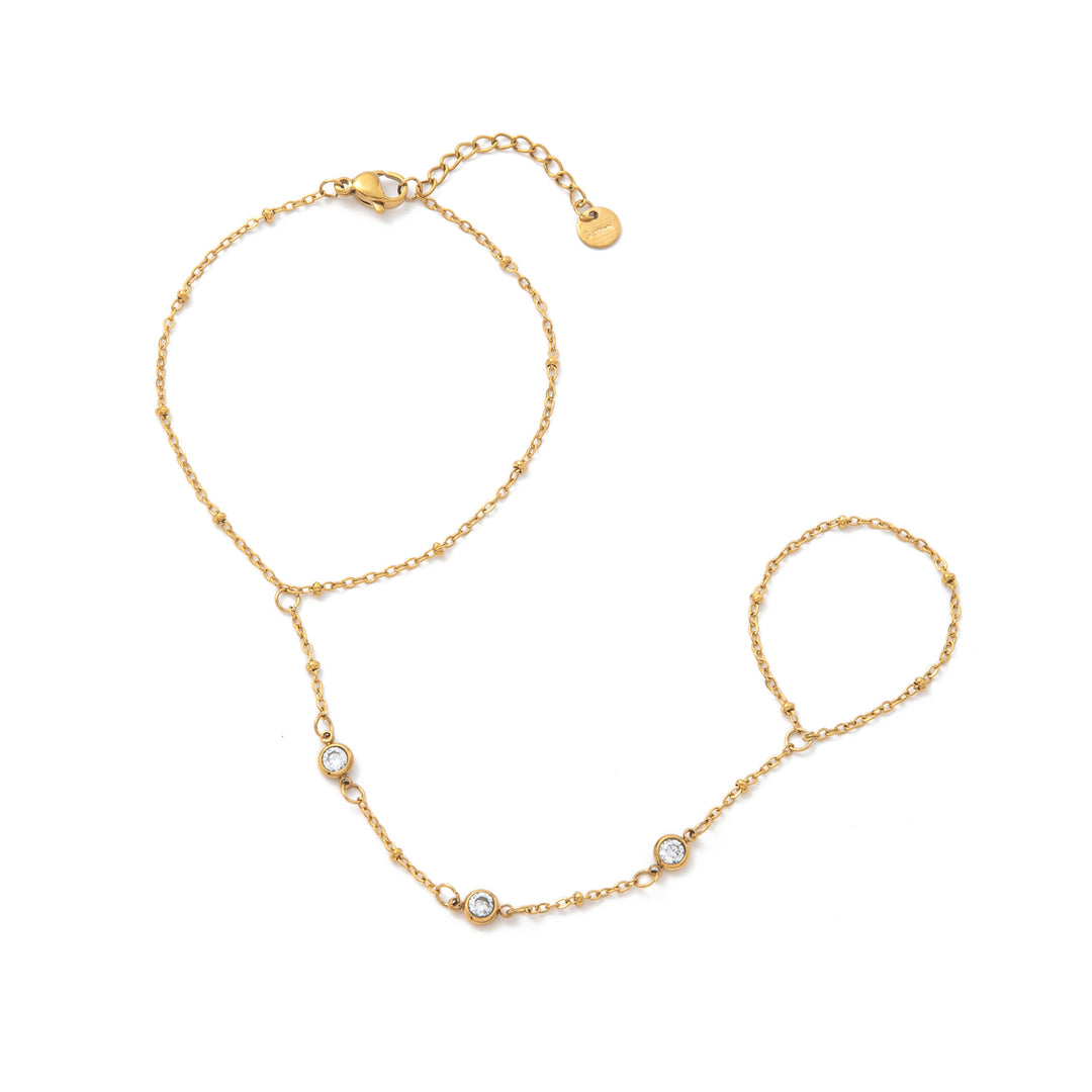 INS Style 18K Gold Plated Titanium Steel Bracelet with Rhinestone Discs & Finger Chain