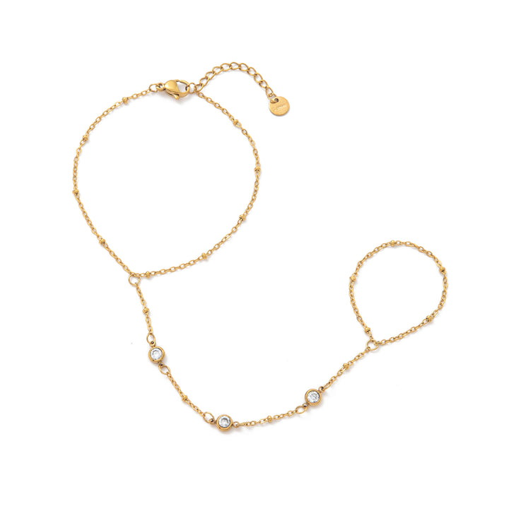 INS Style 18K Gold Plated Titanium Steel Bracelet with Rhinestone Discs & Finger Chain