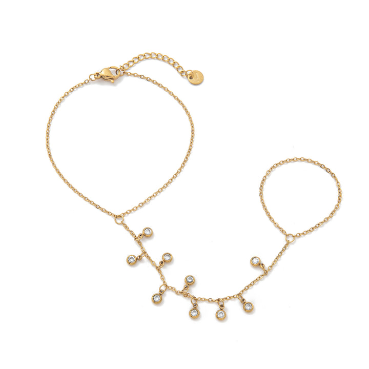INS Style 18K Gold Plated Titanium Steel Bracelet with Rhinestone Discs & Finger Chain
