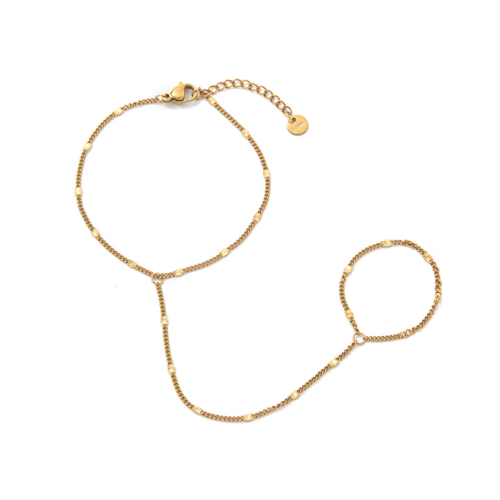 INS Style 18K Gold Plated Titanium Steel Bracelet with Rhinestone Discs & Finger Chain