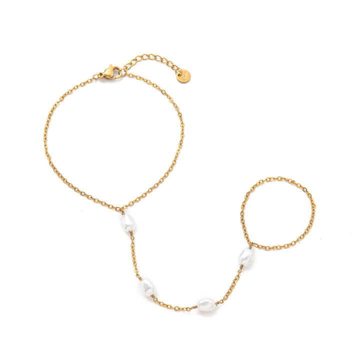 INS Style 18K Gold Plated Titanium Steel Bracelet with Rhinestone Discs & Finger Chain