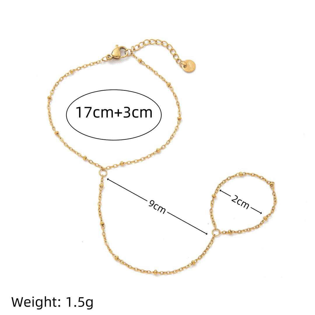 INS Style 18K Gold Plated Titanium Steel Bracelet with Rhinestone Discs & Finger Chain