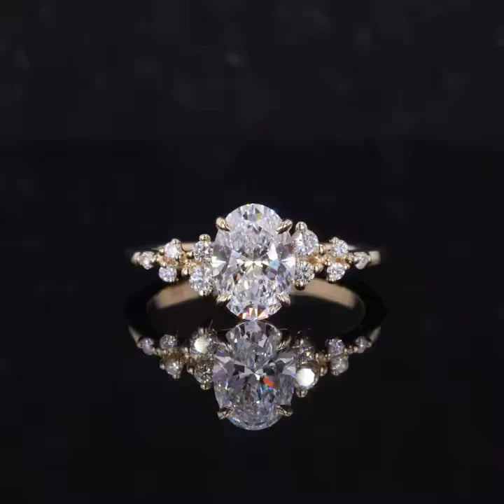 Unique SnowDrift Oval Moissanite Engagement Ring for Women, 18K Gold