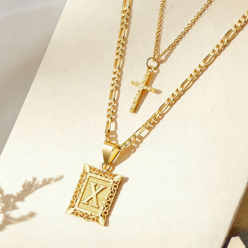 Vintage Engraved Initial Tag & Cross Layered Necklace (Personalized Light Luxury Street Style)