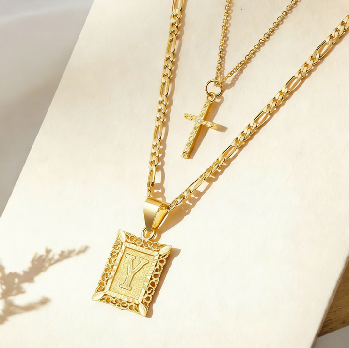 Vintage Engraved Initial Tag & Cross Layered Necklace (Personalized Light Luxury Street Style)